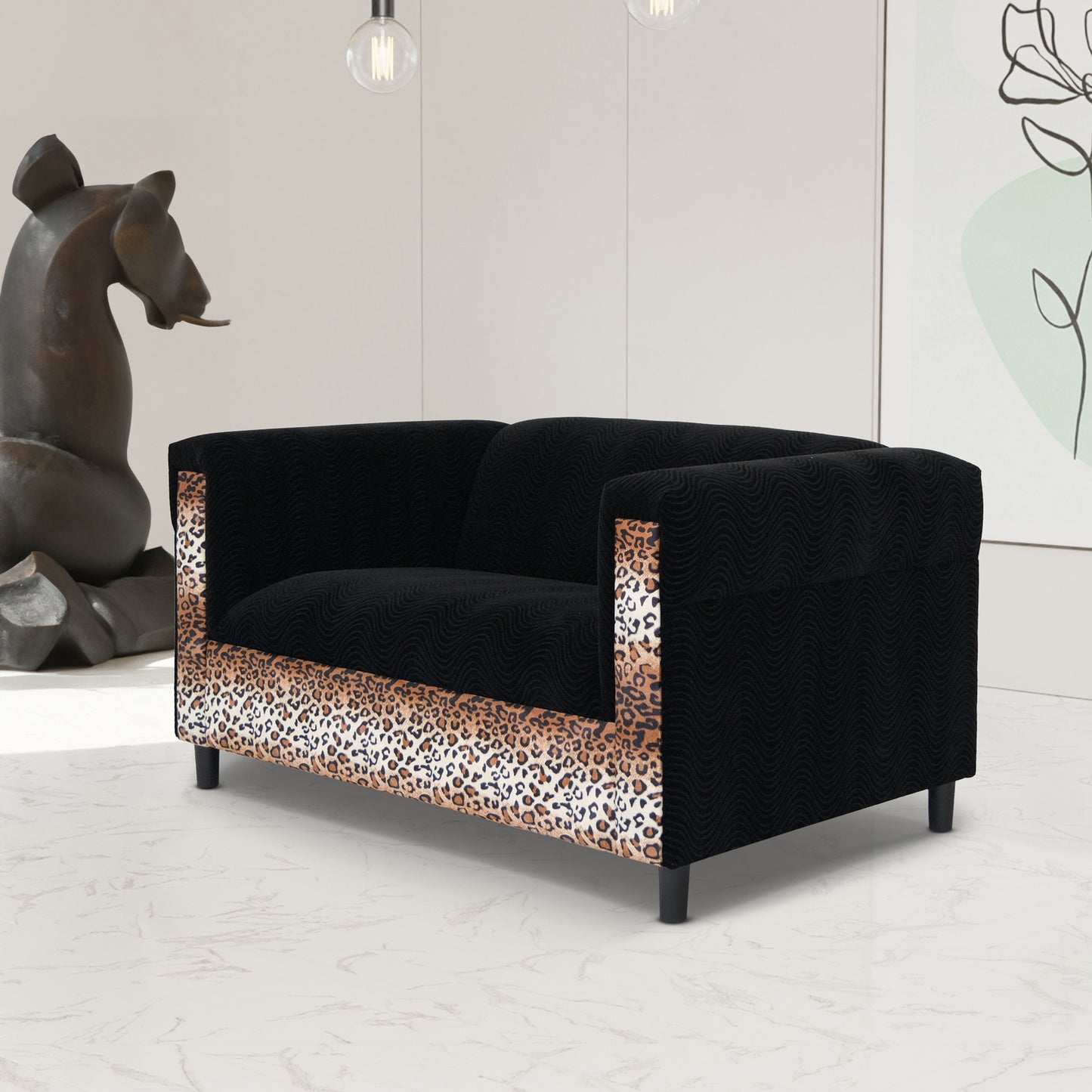 Black Velvet Loveseat Sofa for Living Room with Leopard Print, Modern Décor Love Seat Mini Small Couches for Small Spaces and Bedroom with Solid Wood Frame