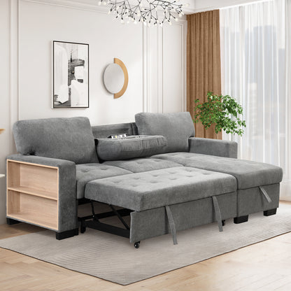 Stylish and Functional Light Chaise Lounge Sectional with Storage Rack Pull-out Bed Drop Down Table  and USB Charger Gray