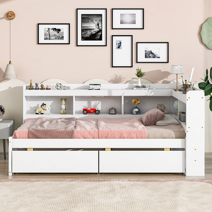 Twin Bed with L-shaped Bookcases,Drawers ,White