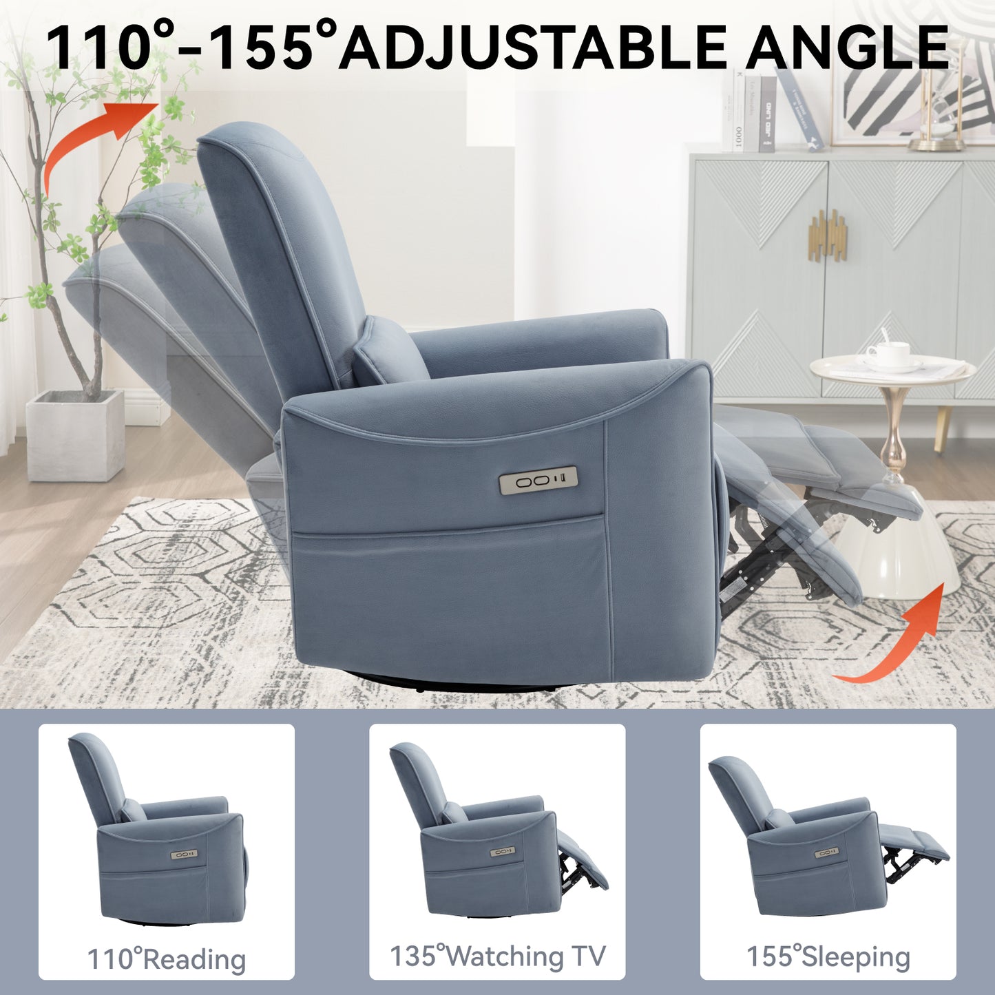 Blue Swivel and Rocker Power Recliner Chair, Heavy Duty Motion Mechanism with USB and Type-C Ports