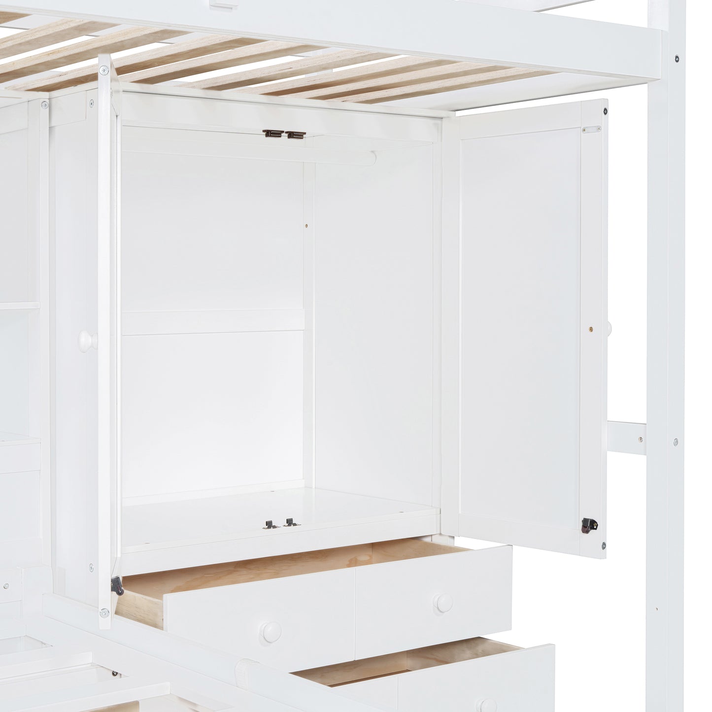 Twin Bunk Bed with Drawers, Wardrobe, Storage Shelves and Hydraulic Bed,White