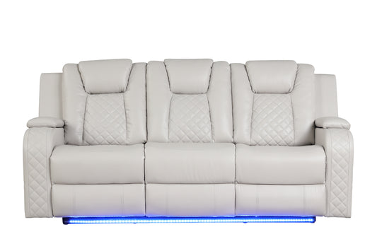 LED & Power Reclining Sofa Made With Faux Leather in Ice