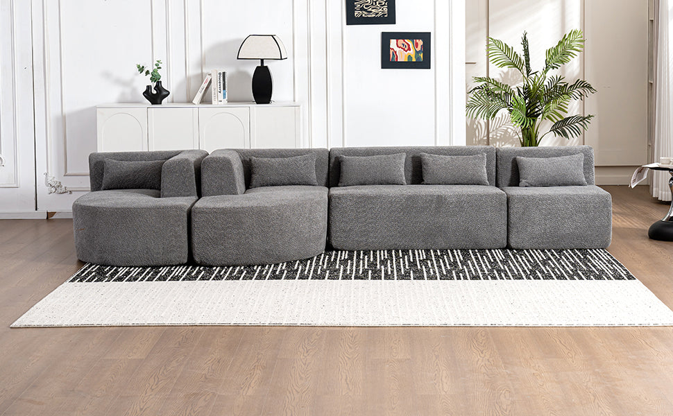 143.7" Upholstered Sofa Free-combined Sofa Couch with Two Chaise Lounge and Five Back Pillows for Living Room, Light Gray