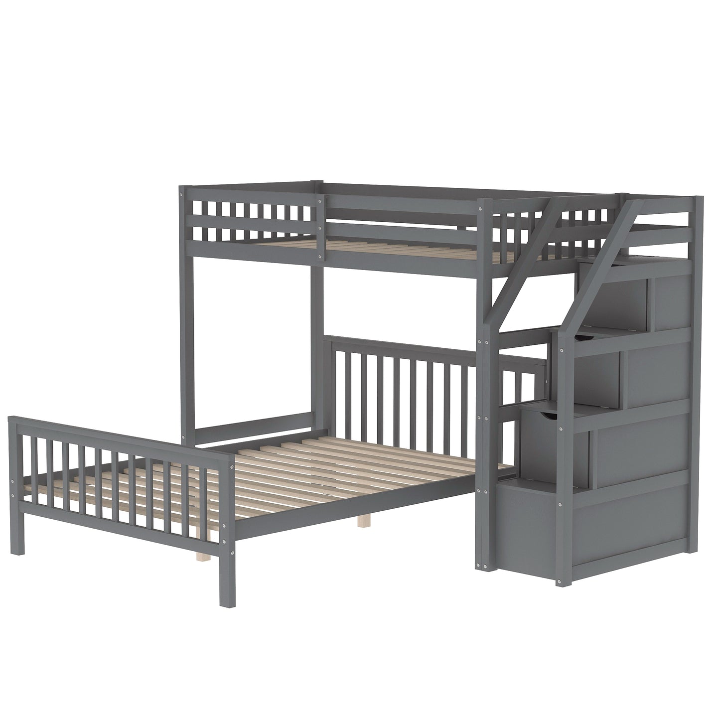 Gray Twin over Full Loft Bed with Staircase and Storage, Pine Wood and MDF, 97.2''L x 78.4''W x 61.4''H