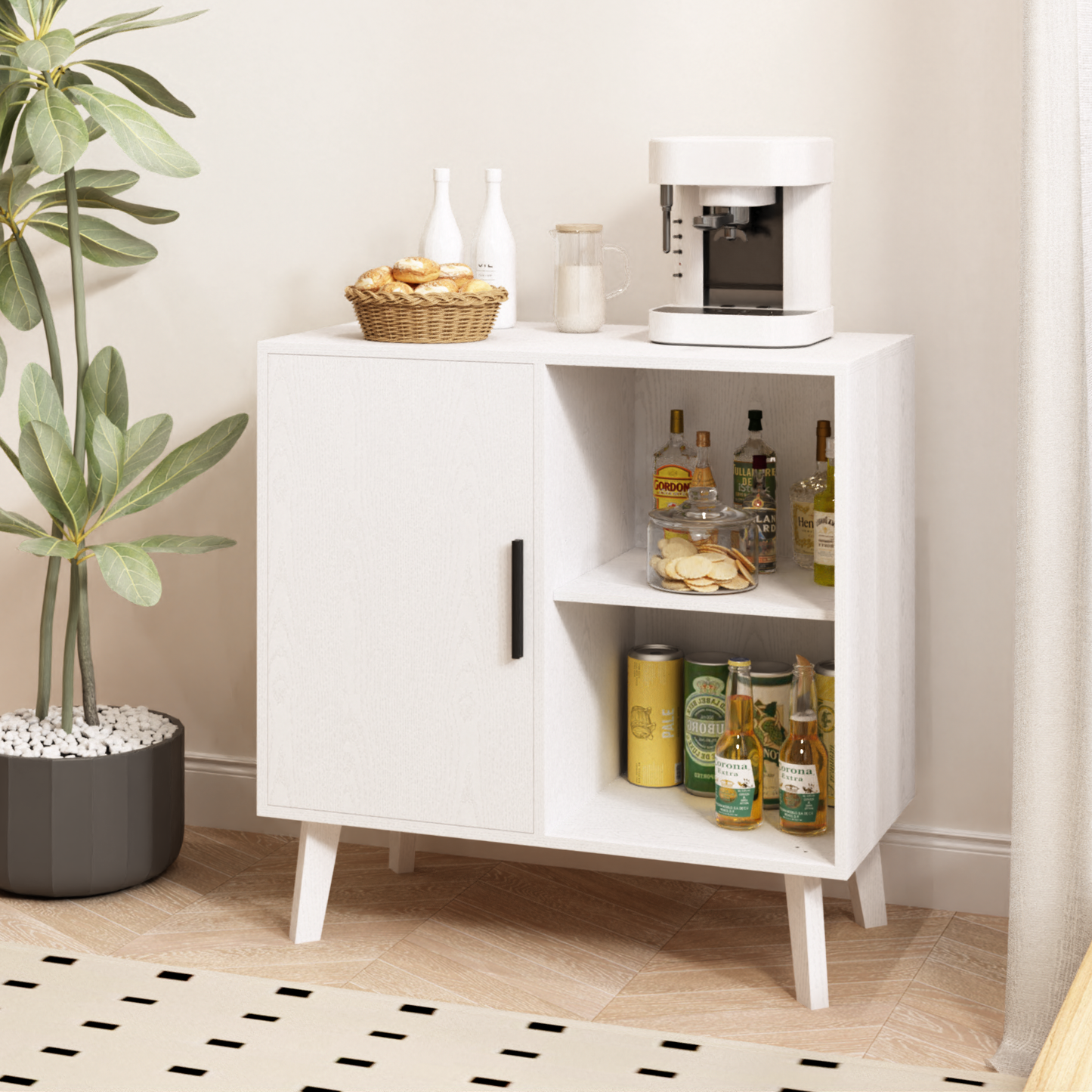 Sideboard Buffet Kitchen Storage Cabinet, Accent Cabinet with Solid Wood Feet for Decorated Doors, Dining Room, Hallway, Cupboard Console Table, Liquor / Accent Cabinet (White)