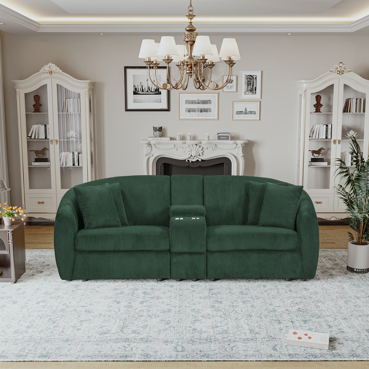 UNITED WE WIN corduroy fabric, two cup holders, storage, oversized two-seat, solid wood frame, high quality sponge filling, curved placement sofa