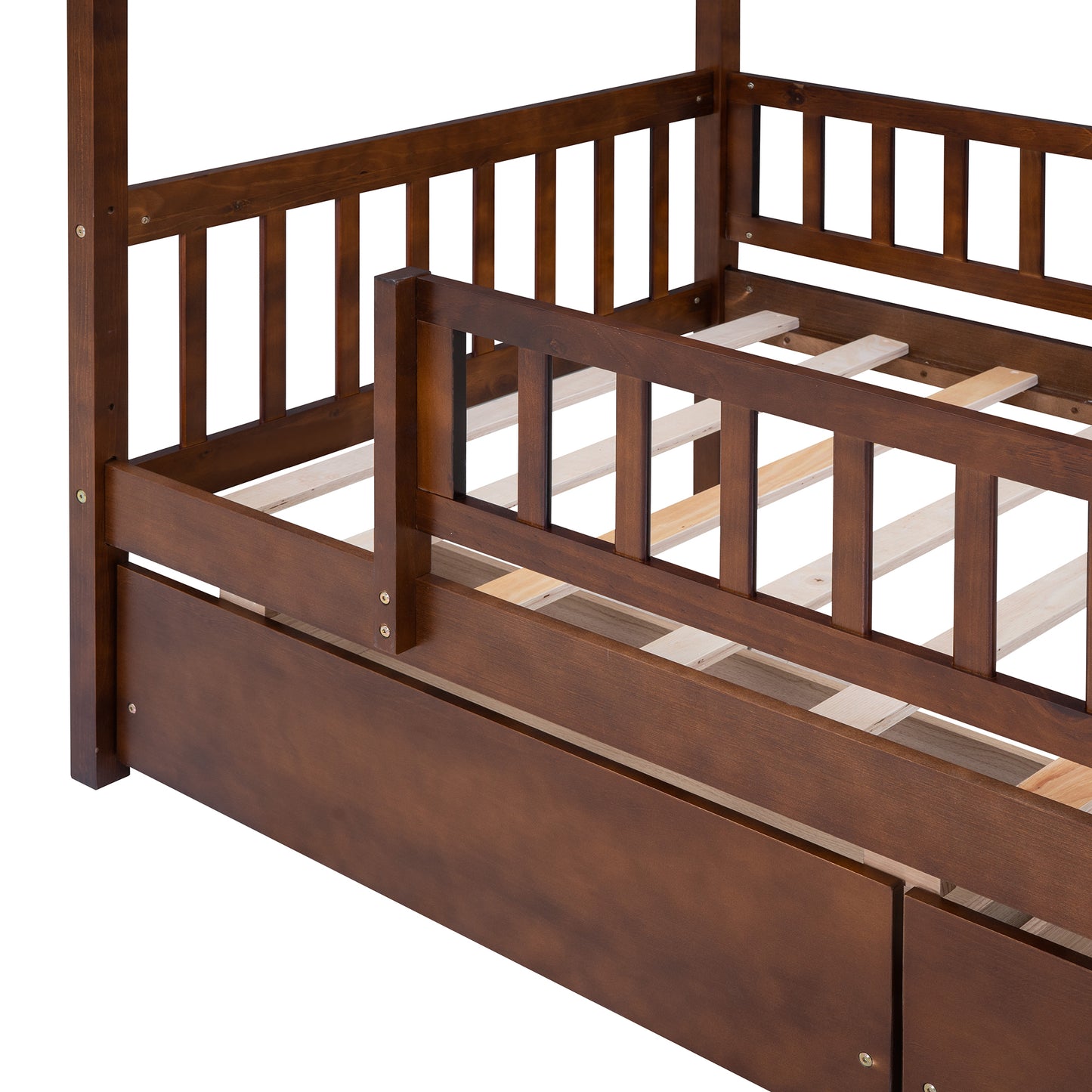 Twin Size Wooden House Bed with Two Drawers, Walnut
