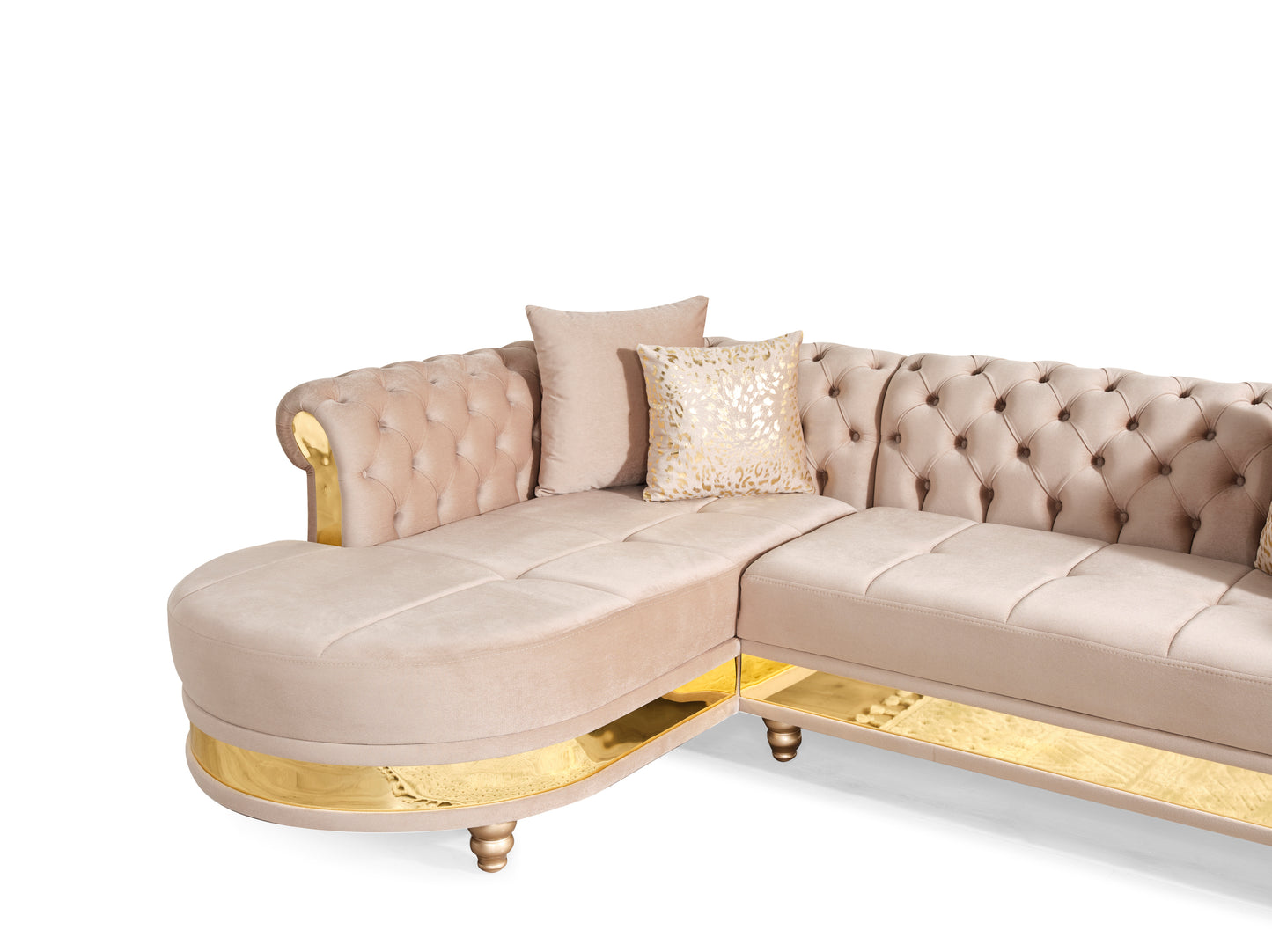 Gold Detailed Tufted Upholstery Sectional made with Wood In Taupe