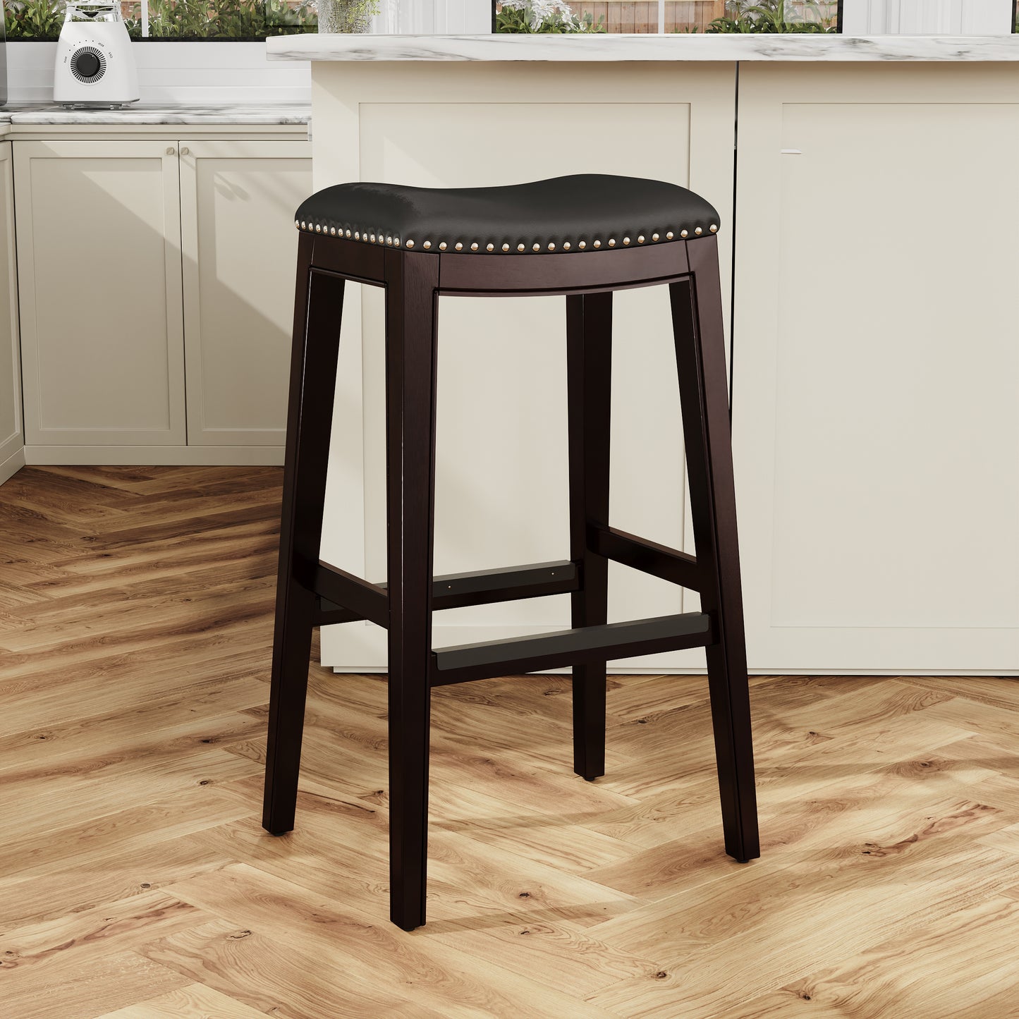 30" Bar Stool, Cherry Finish, Bone Leather Seat