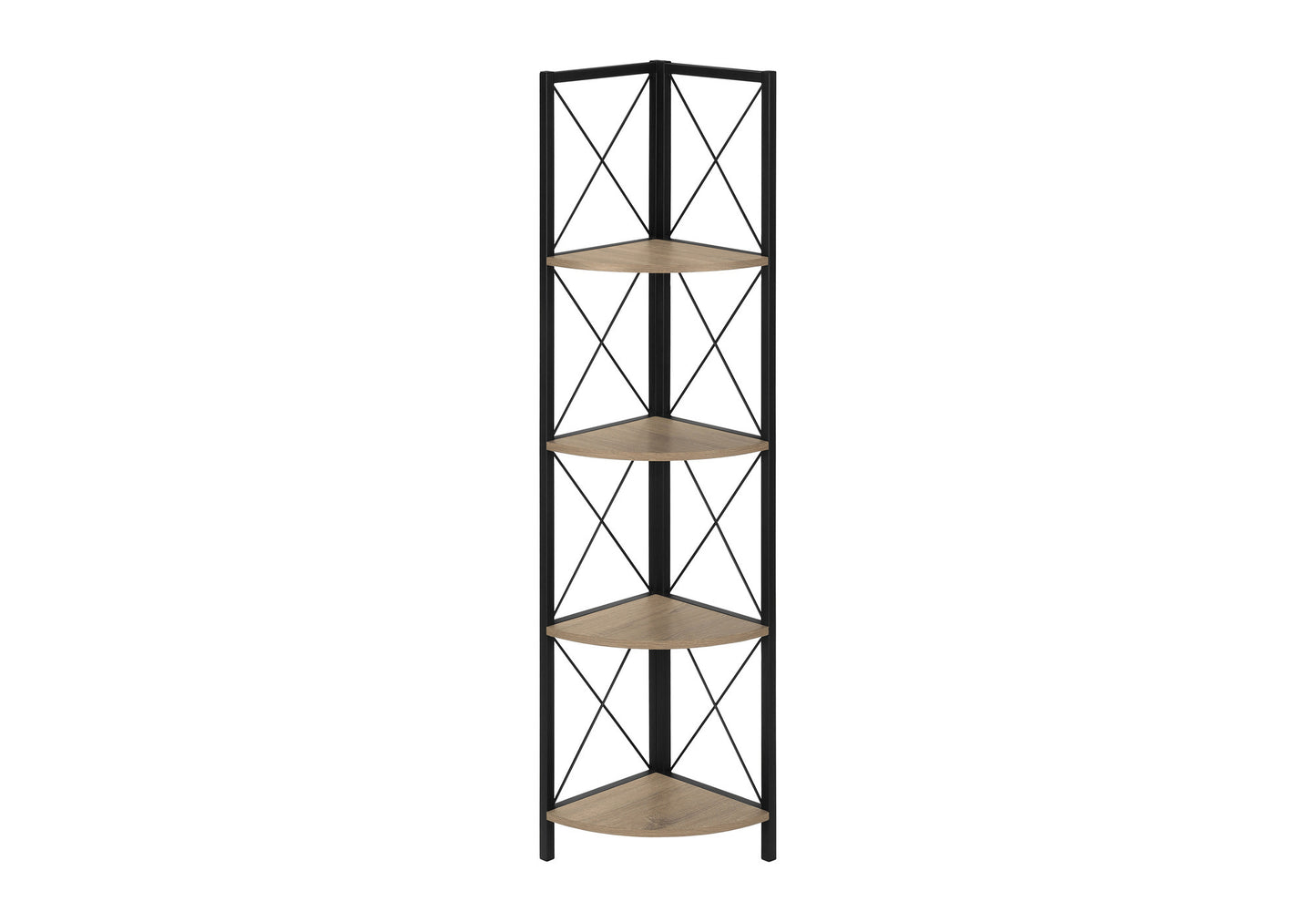 Bookshelf, Bookcase, Etagere, Corner, 4 Tier, 60"h, Office, Bedroom, Brown Laminate, Black Metal, Contemporary, Modern