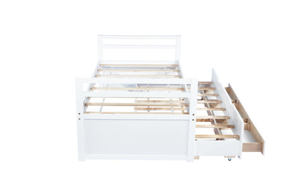 Twin Size Bed with Headboard, Footboard, Trundle and Three Storage Drawers, Twin Size Pine Wood Bed with Headboard, Footboard,White