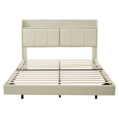 Queen Size Floating Bed Frame with Storage Headboard, Modern Upholstered Platform Bed with Touch Sensor Night Light and USB Charger, Beige