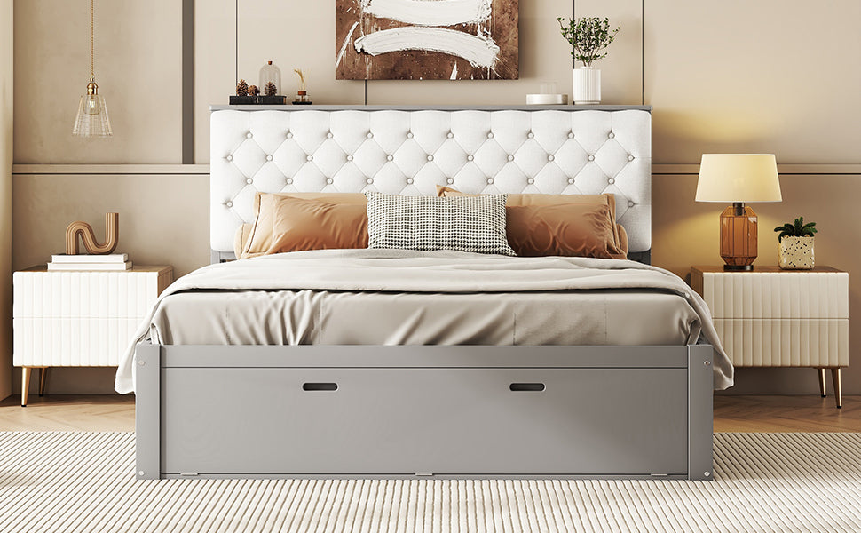 Wood Queen Size Platform Bed with Storage Headboard, shoe rack and 4 drawers,Gray