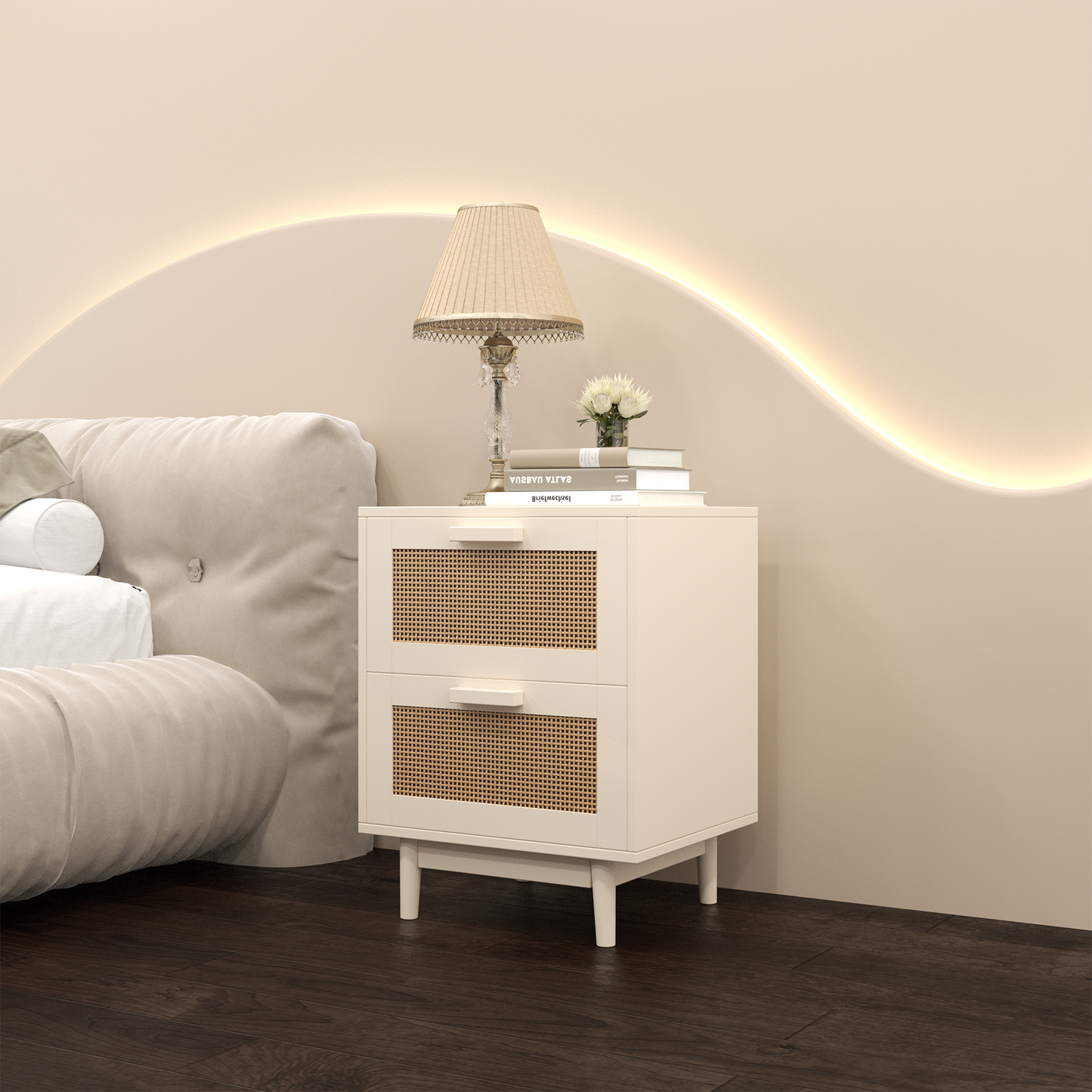 Rattan Nightstand, Wood End Table, Side Table with 2 Faux Rattan-Decorated Drawers, Bedside Table,Wood Accent Table with Storage for Livingroom, Bedroom,Burly wood