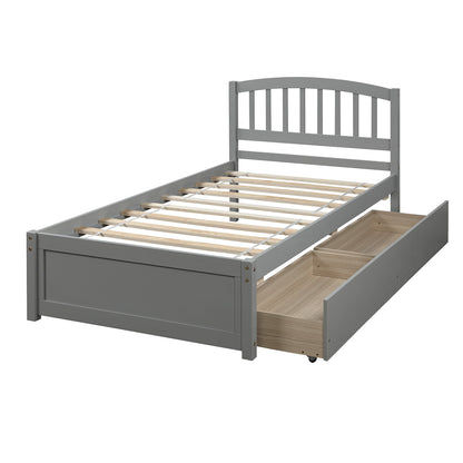 Twin Platform Storage Bed Wood Bed Frame with Two Drawers and Headboard, Gray