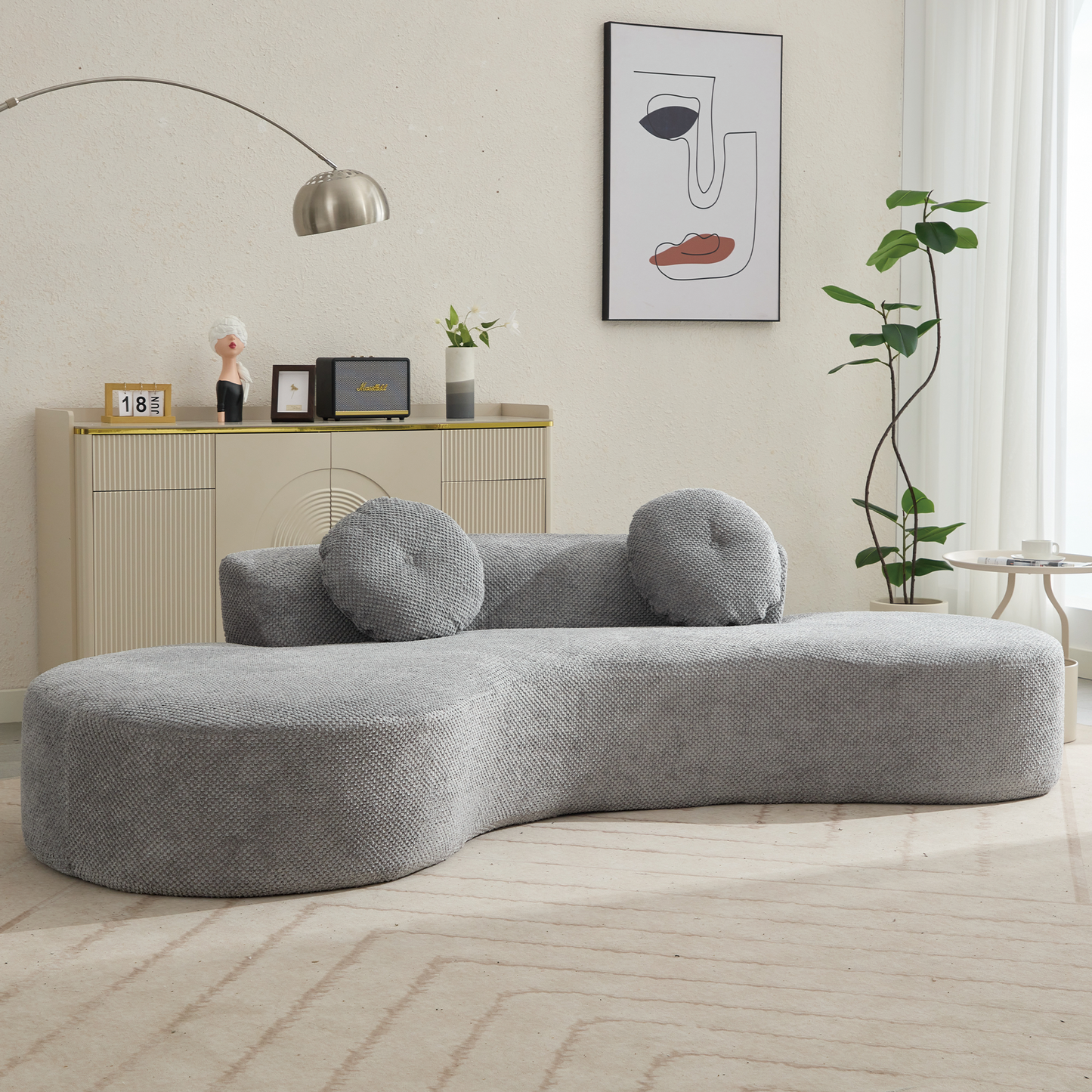 [NEW ARRIVED] [VIDEO PROVIDED]105.5''Curved Sofa, Modern Minimalist Sofa, Cloud Couch Sofa 3-4 Seater Couch with 2 Pillows,Bedroom,  No Assembly Required, Point-shaped corduroy,(Anti-Wrinkle) , Gray