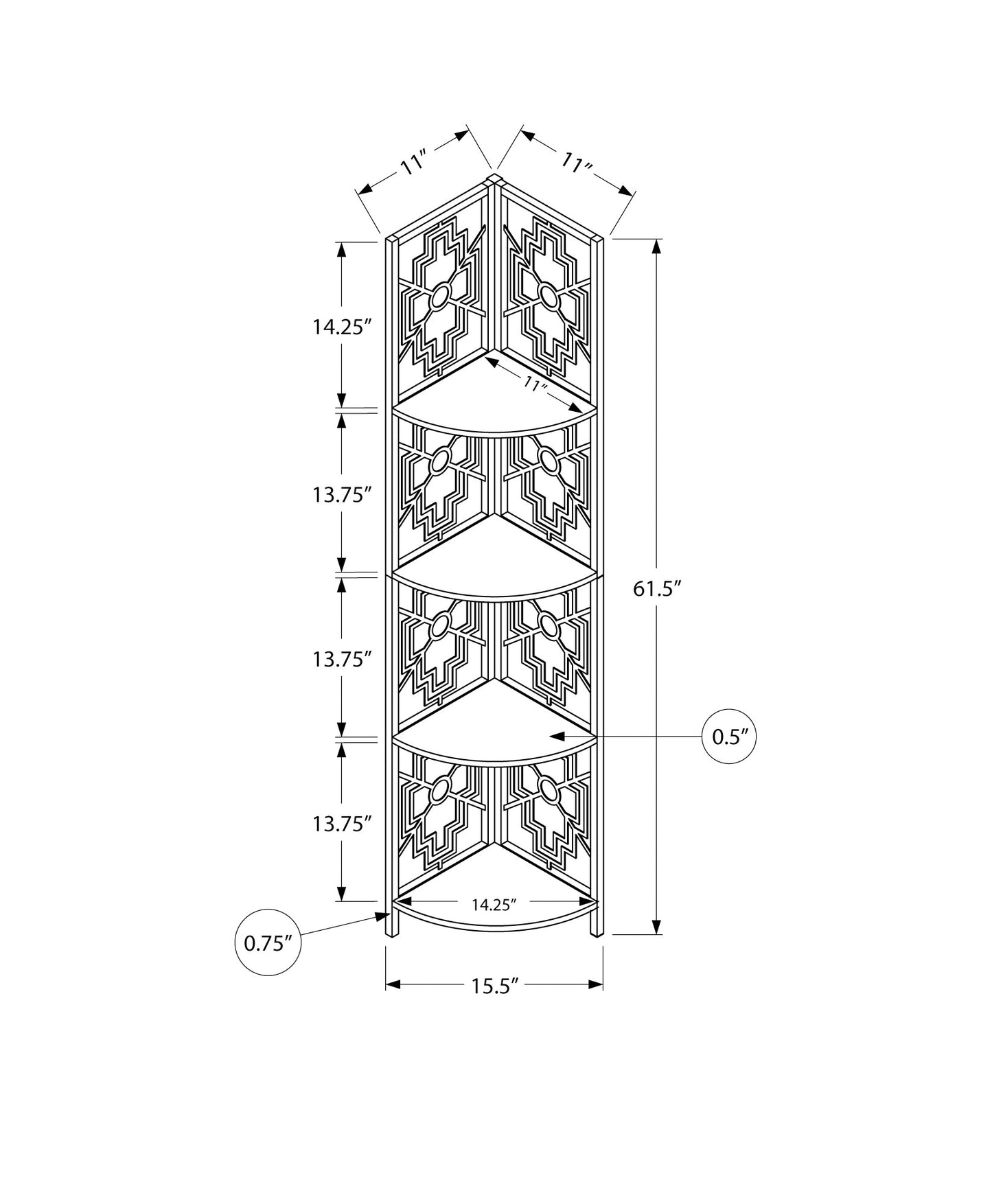 Bookshelf, Bookcase, Etagere, Corner, 4 Tier, 62"h, Office, Bedroom, Brown Laminate, Black Metal, Transitional