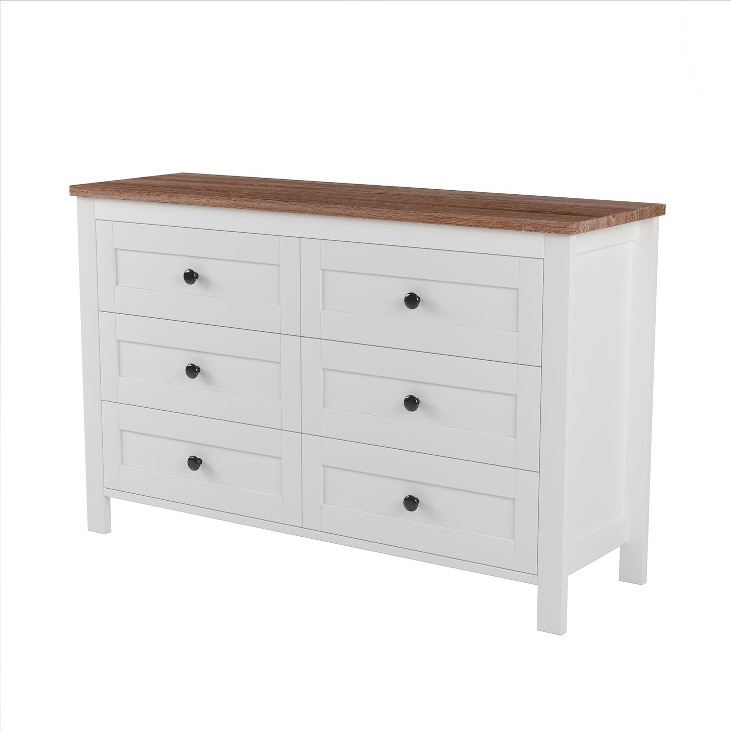 Retro Farmhouse Style Wooden Dresser with 6 Drawer, Storage Cabinet for Bedroom, White+Brown