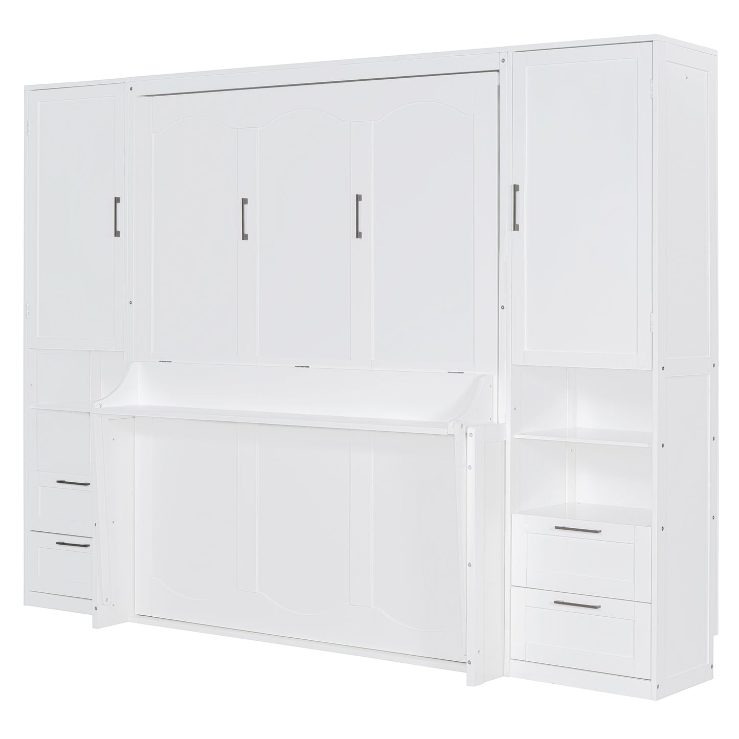 Queen Size Murphy Bed Wall Bed with Closet ,Drawers and Shelves,White