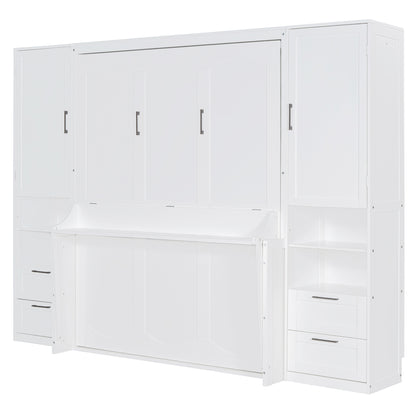 Queen Size Murphy Bed Wall Bed with Closet ,Drawers and Shelves,White