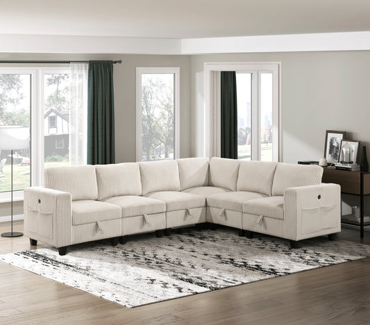 6-Piece Modular Sectional with Storage Seats, Side Pockets, Charging Ports Beige Corduroy Fabric Modern Living Room Sectional Couch Solid Wood Furniture