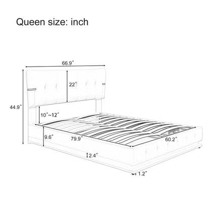 Upholstered Platform Queen Size Hydraulic Storage Bed, Lift Up Storage Bed with RGB LED Light, PU Leather Headboard and Footboard, No Box Spring Needed, White