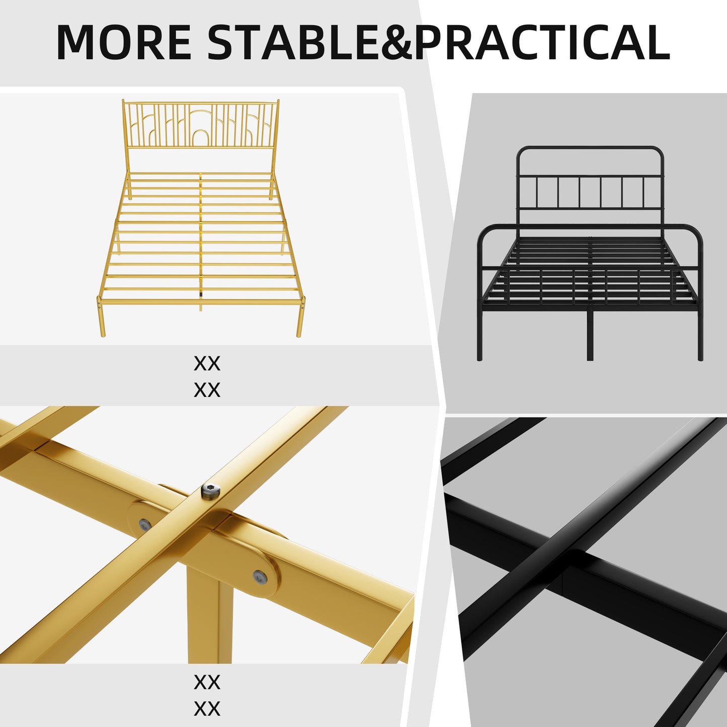 Metal Steel Platform Bed Frame with Iron-art Headboard (Queen Size) - Gold