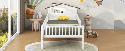 Twin Size Wood Platform Bed with House-shaped Headboard, LED and Built-in Storage, White