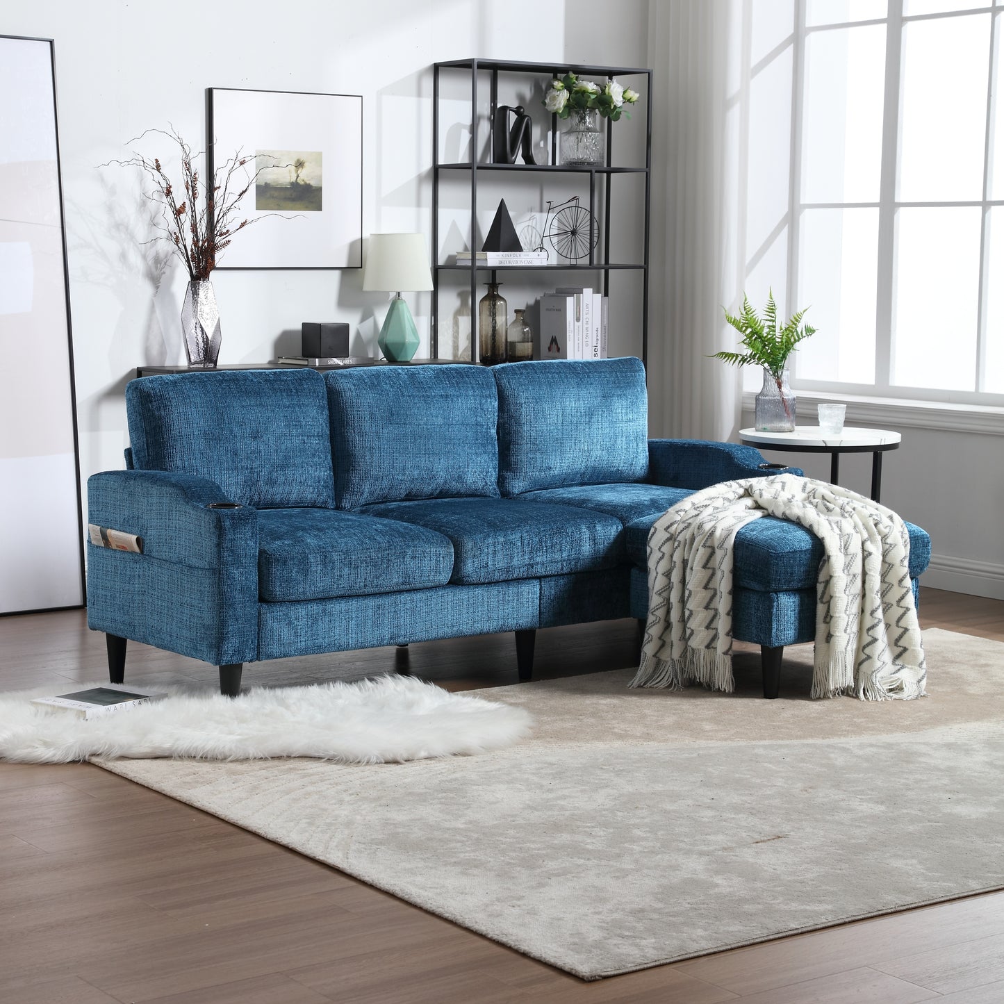UNITED  WE WIN Sofa for three, solid wood frame, Chenille fabric, side pocket, with two cup holders, footstool with storagestorage sofa /Living room sofa cozy sectional  sofa