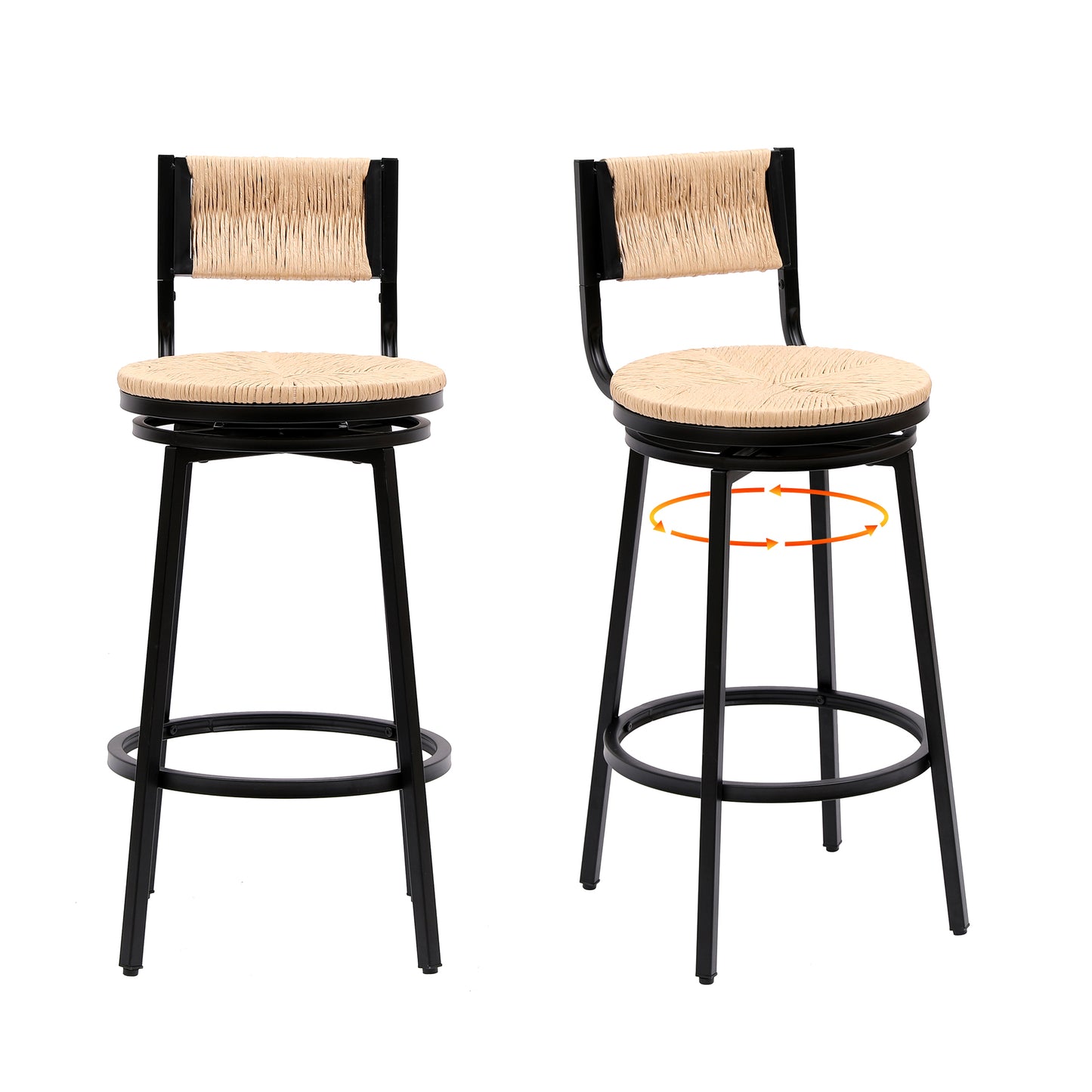 Rustic Honey Swivel Bar Stools with Handwoven Paper Rope Back and Seat in Black Metal Frame, Set of 2