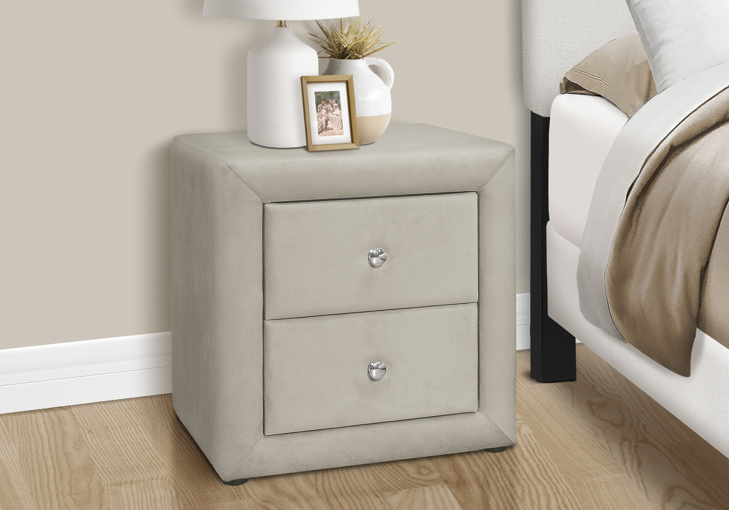 Nightstand, Nightstand, End, Side, Lamp, Storage Drawer, Bedroom, Upholstered, Grey Velvet, Transitional