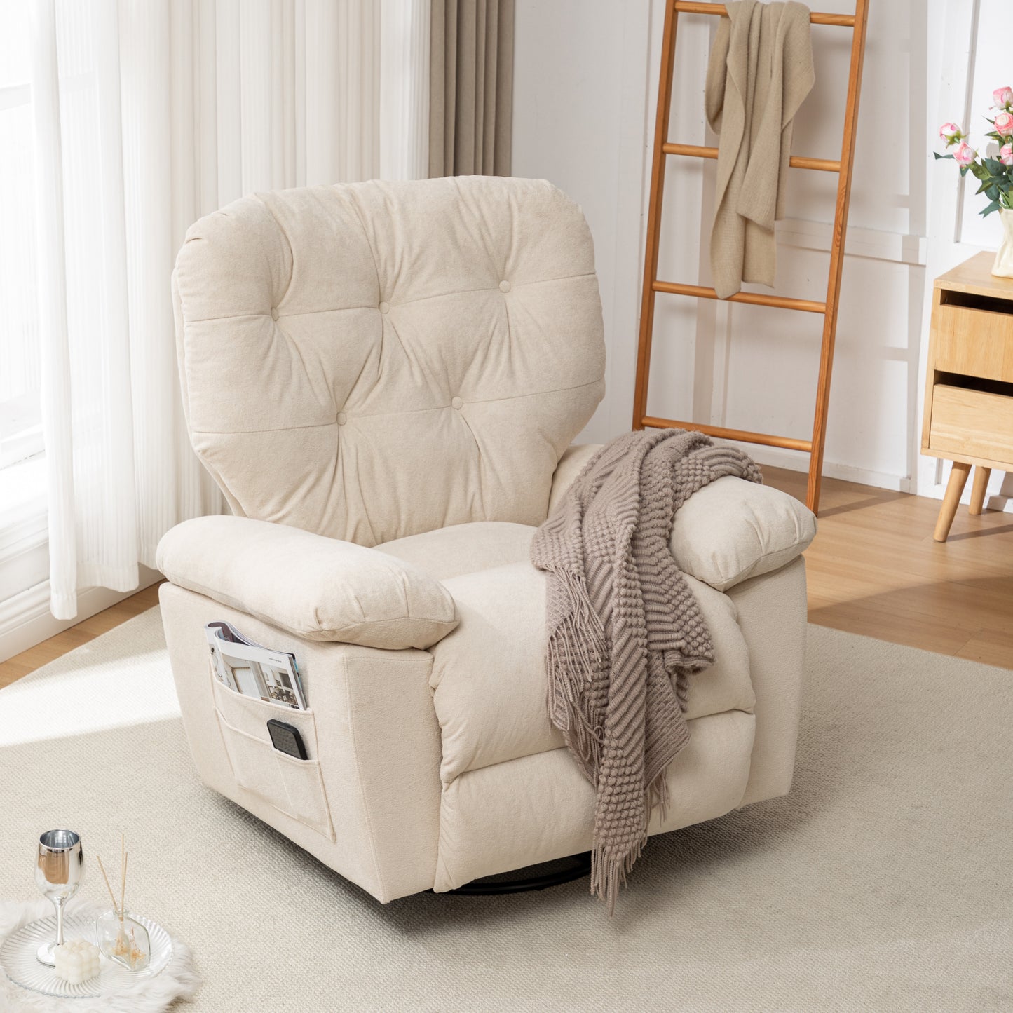 Beige Relaxing Recliner Chair,Soft Artificial Fleece, Overstuffed, Swivel, Glider, Side Pocket