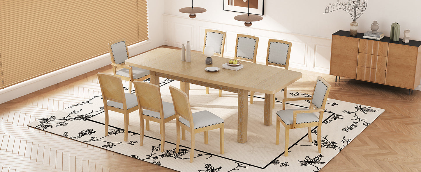 TOPMAX Rustic Extendable 84inch Dining Table Set with 24inch Removable Leaf , 6 Upholstered Armless Dining Chairs and 2 Padded Arm Chairs, 9 Pieces, Natural