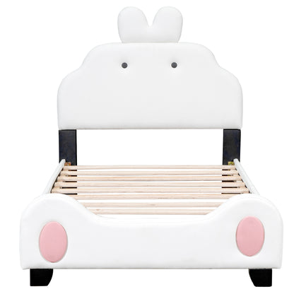 Twin Size Upholstered Platform Bed with Cartoon Headboard and Footboard, White+Pink