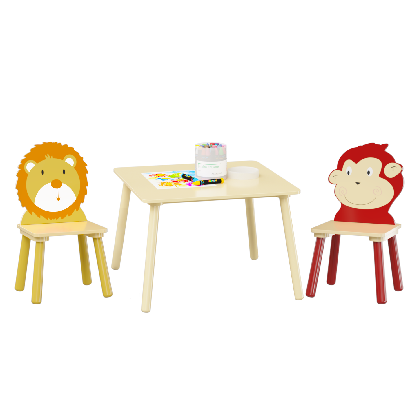 Kids Table and 2 Chairs Set, 3 Pieces Toddler Table and Chair Set, Wooden Activity Play Table Set (Lion&Monkey)