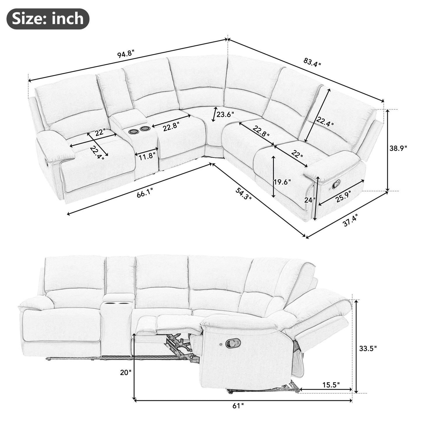 94.8" Modern Manual Reclining Living Room Furniture Set with USB Ports, Hidden Storage, LED Light Strip and 2 Cup Holders, Cream