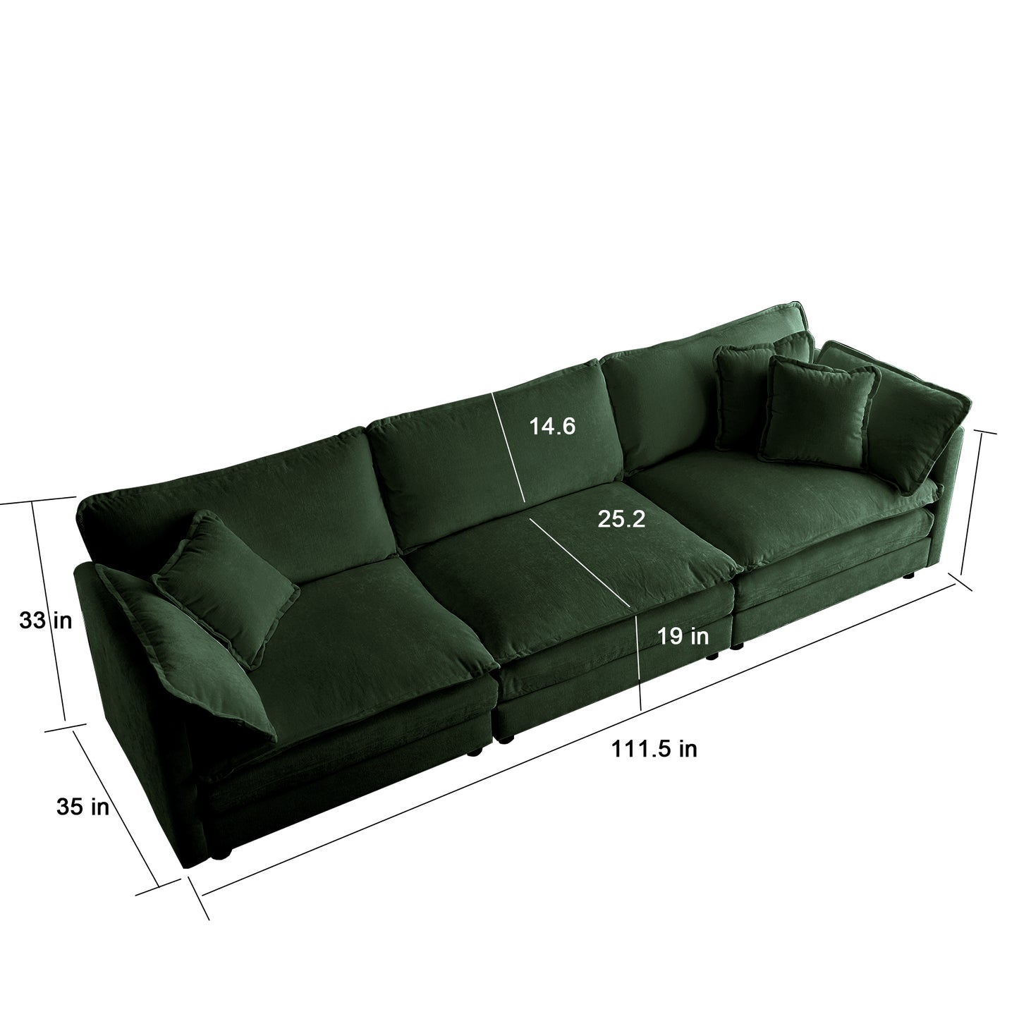 Mid-Century Modern Couch 3-Seater Sofa with 2 Armrest Pillows and 3 Toss Pillows, Couch for Living Room Green Chenille