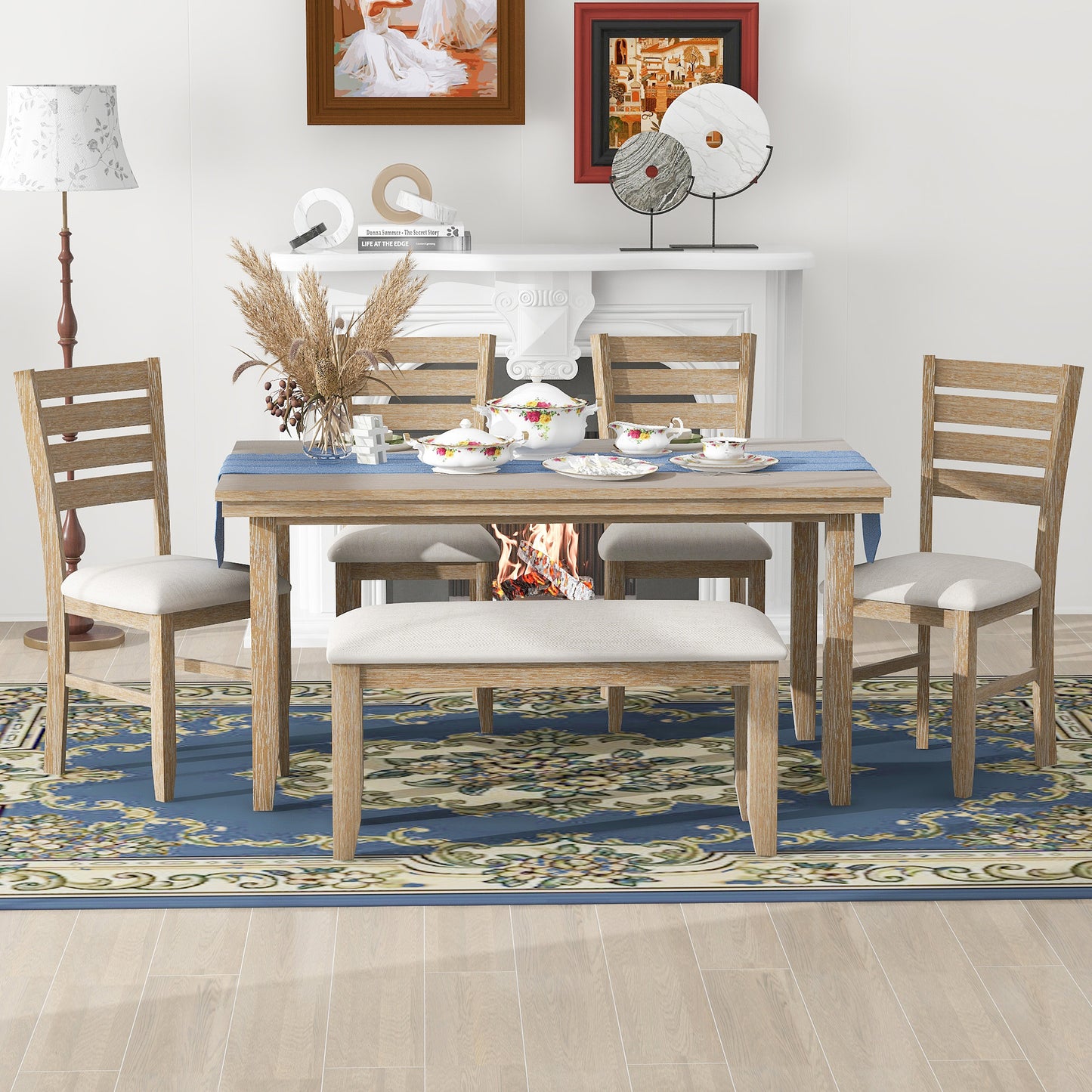 TREXM Dining Room Table and Chairs with Bench, Rustic Wood Dining Set, Set of 6 (Natural Wood Wash)