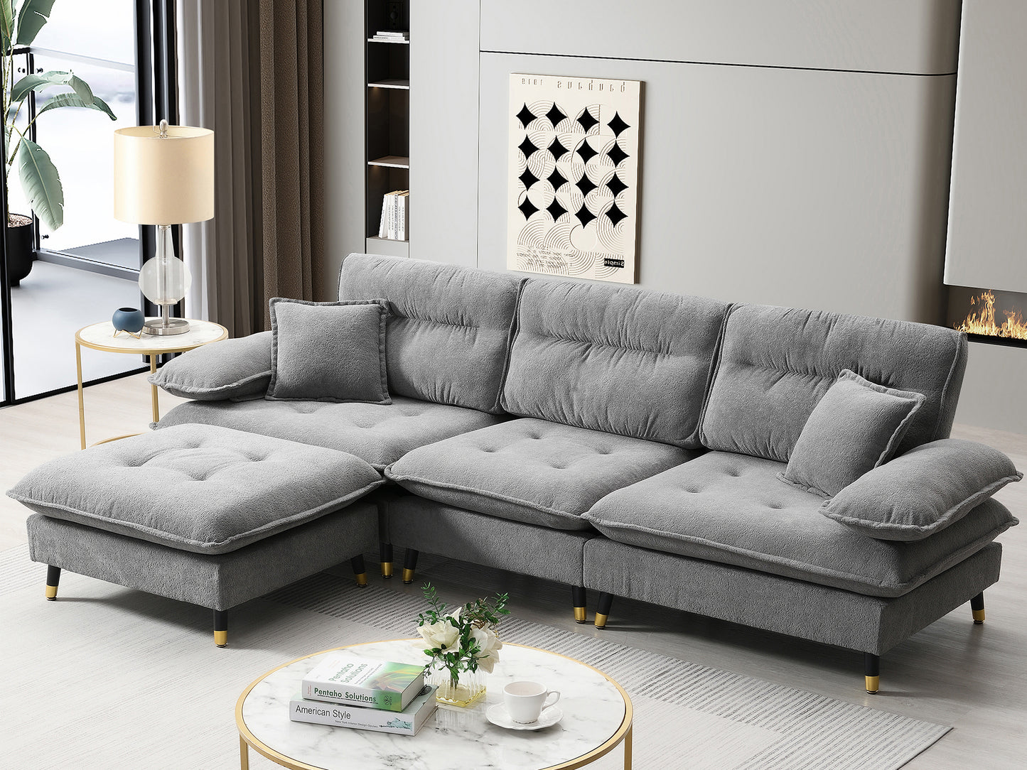 106*66.5" L shaped Convertible Sectional Sofa,4 Seat Tufted Couch Set with Two-tone Adjust Legs,Cloud Chenille Fabric,Movable Ottoman for Living Room,  Apartment,Office,3 Colors