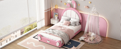 Twin Size Upholstered Platform Bed with Rabbit Shaped Headboard, Pink