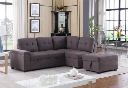 Katie 87.75" Brown Linen Sleeper Sectional Sofa with Storage Ottoman, Storage Arm