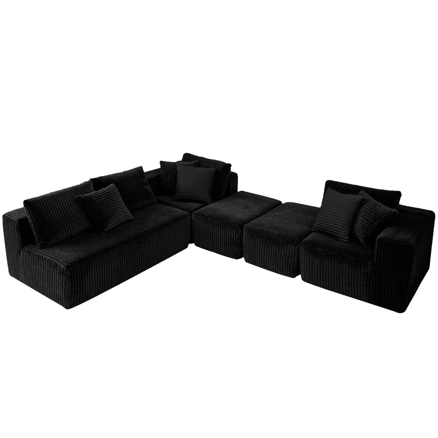 Modular U-Shaped Sectional Sofa, 132-inch 4-Seater Chaise Lounge with Reversible Design, Striped Corduroy Fabric in Black – Customizable Living Room or Bedroom Couch, Freely Configurable Layout