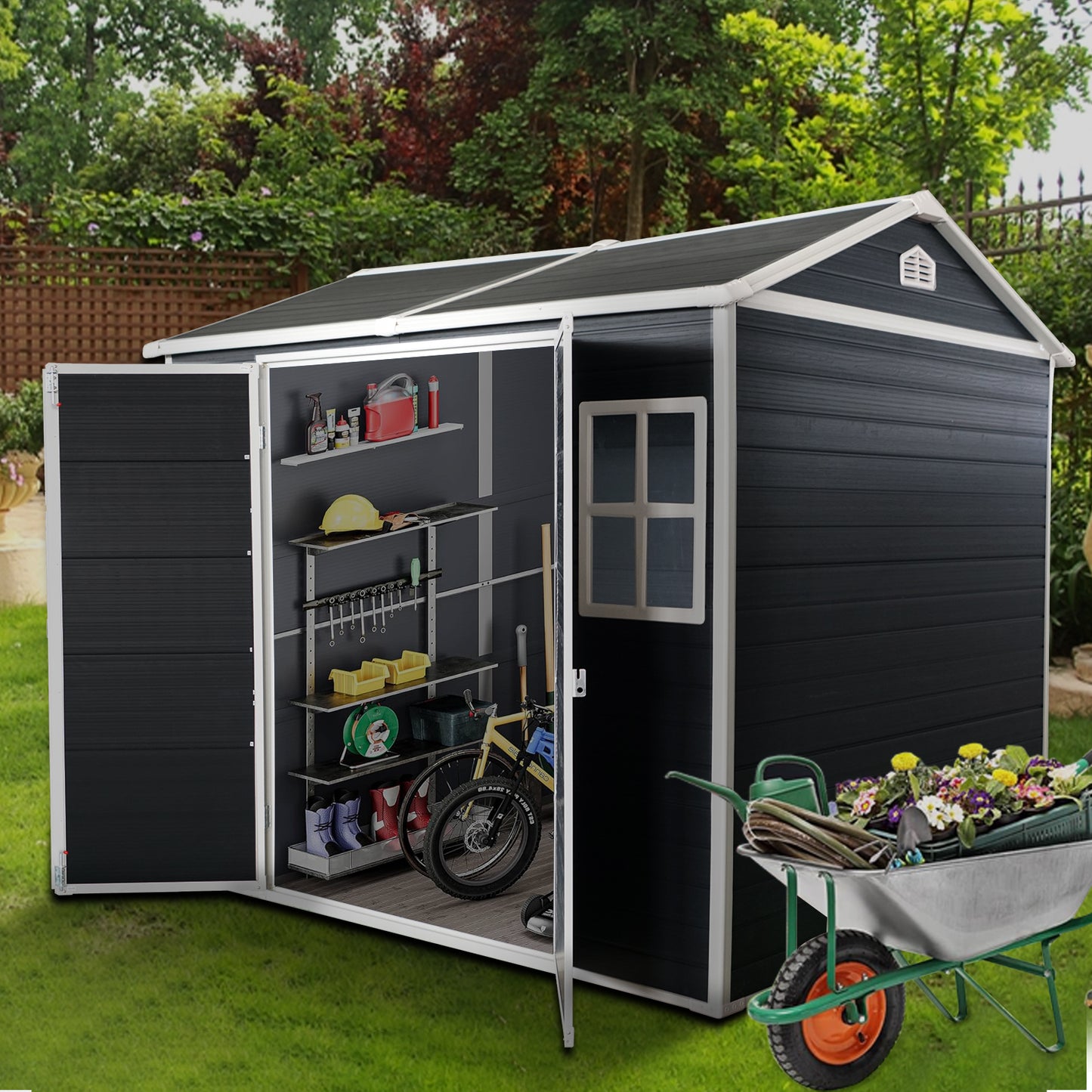 8x6ft Outdoor Resin Garden Shed with Floor and 2 Windows, Plastic Patio Outdoor Storage Shed with Lockable Door for Garden Tools, Bicycles, Trash Cans, Carbon Black