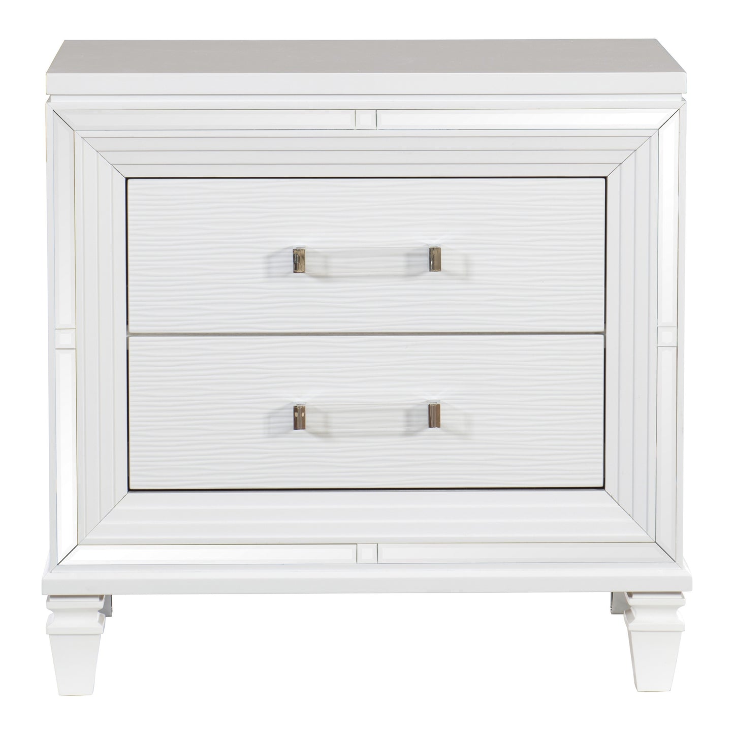 Glamorous White Silver Finish 1pc Nightstand of 2x Drawers Acrylic Bar Pulls Stylish Bedroom Furniture