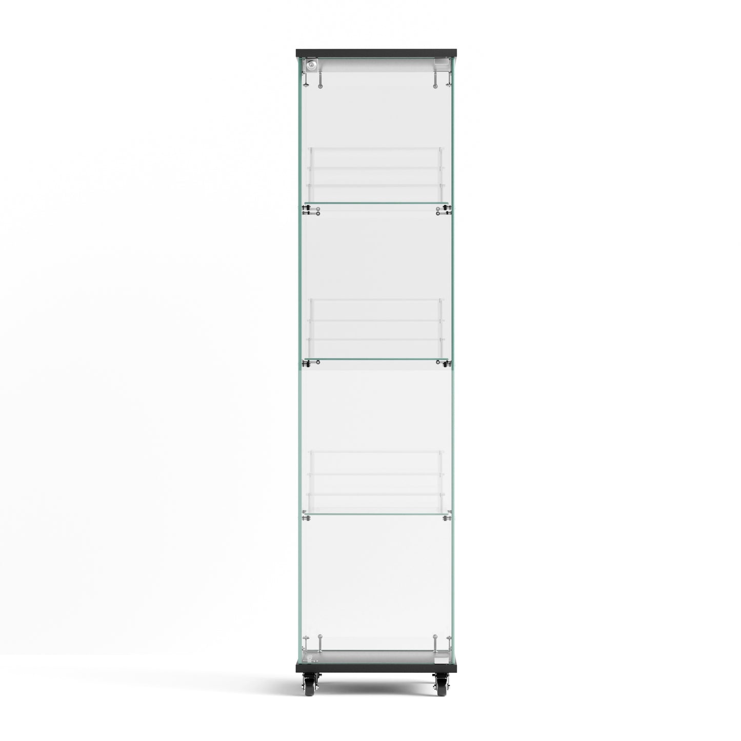 4 Tier Glass Display Cabinet, Single Door Glass Cabinet with Lock and Wheels, Floor Standing Storage Cabinet with 3 Acrylic Shelves for Living Room, Bedroom and Office, Black, 15.8"L x 14.2"W x 65.1"H