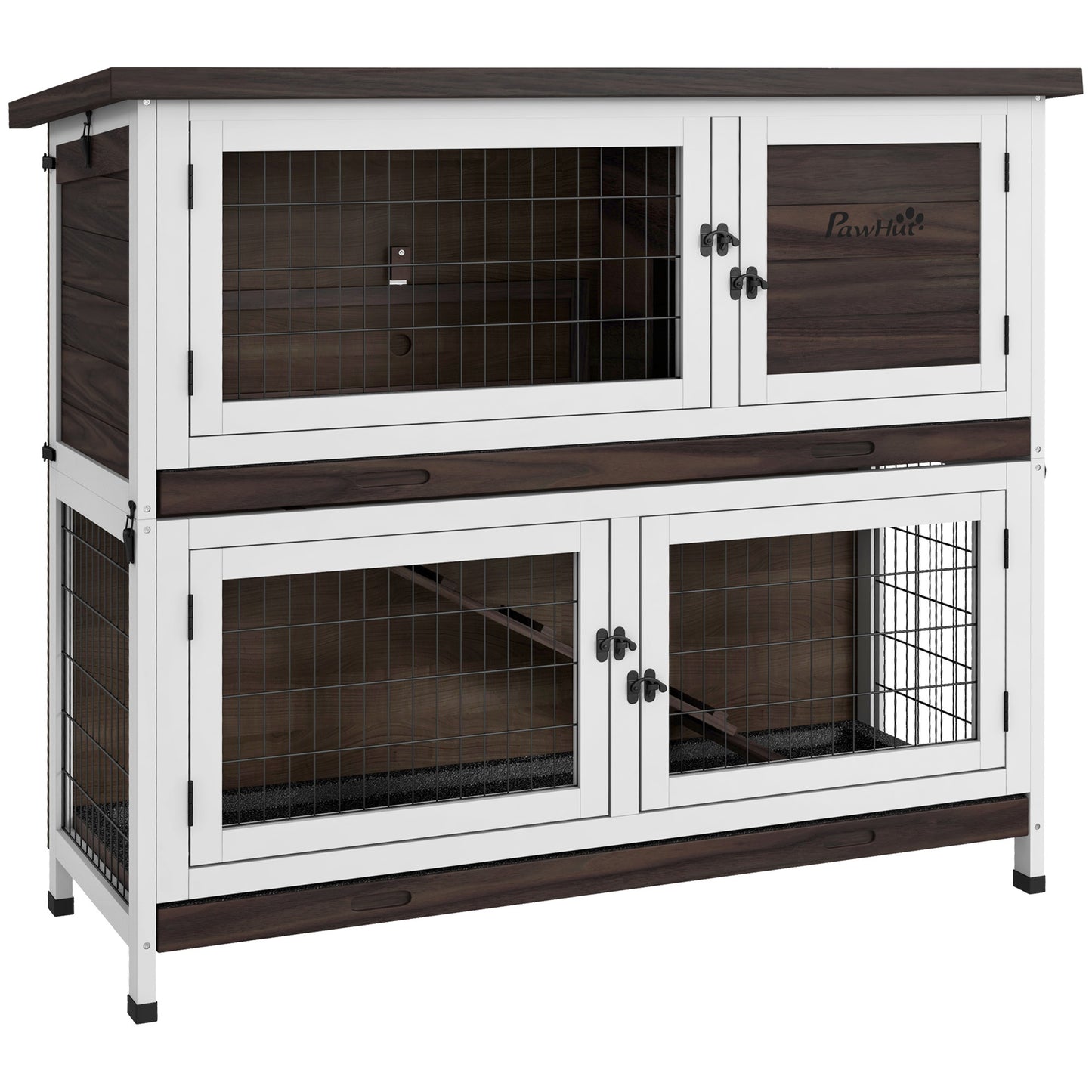 PawHut Rabbit Hutch, Outdoor 2-Tier Rabbit Cage, 46" Wooden Guinea Pig Cage with Double Removable Trays, Ramp, Asphalt Roof for 1-2 Rabbits, No Screws Easy Installation, Brown