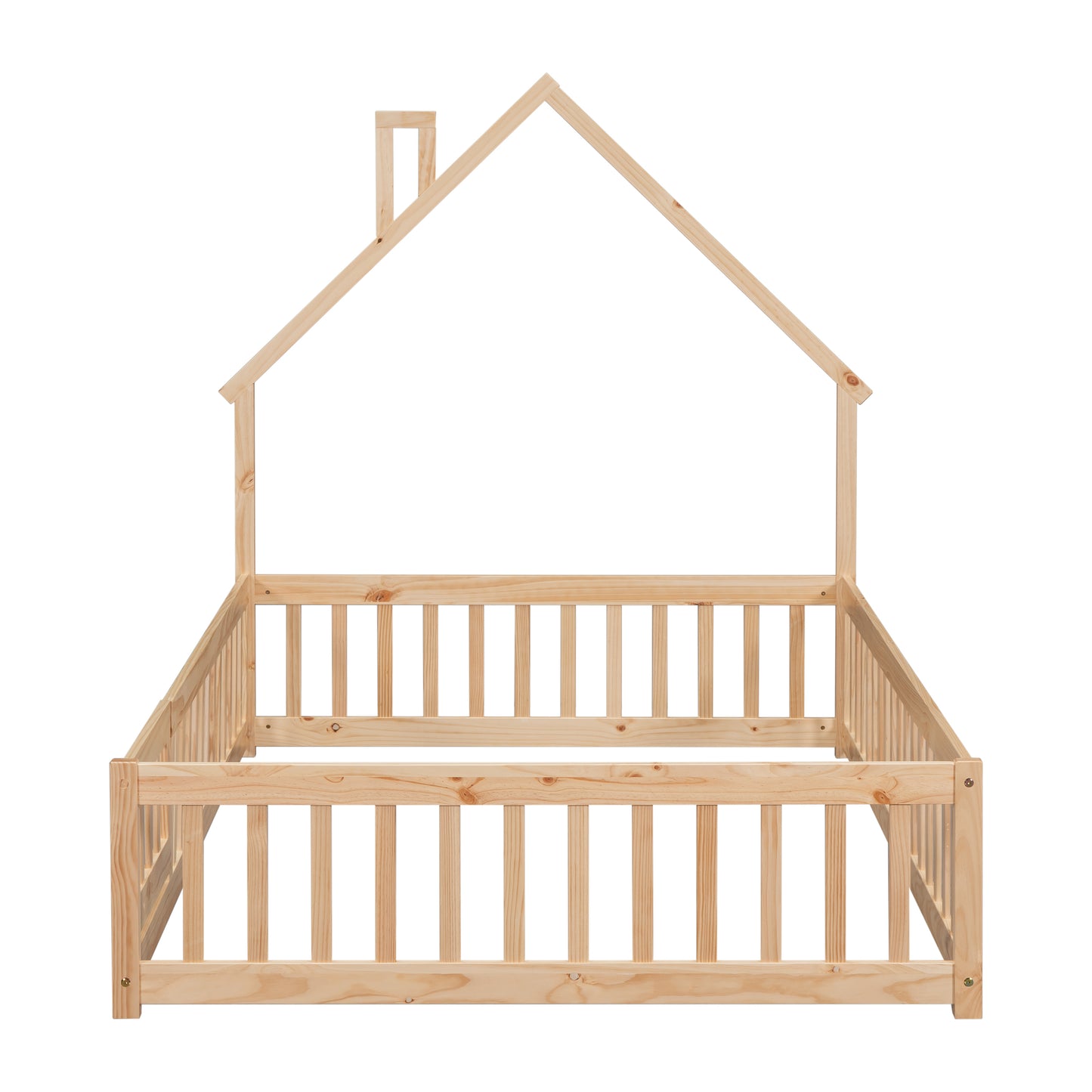 Full House-Shaped Headboard Floor Bed with Fence,Natural