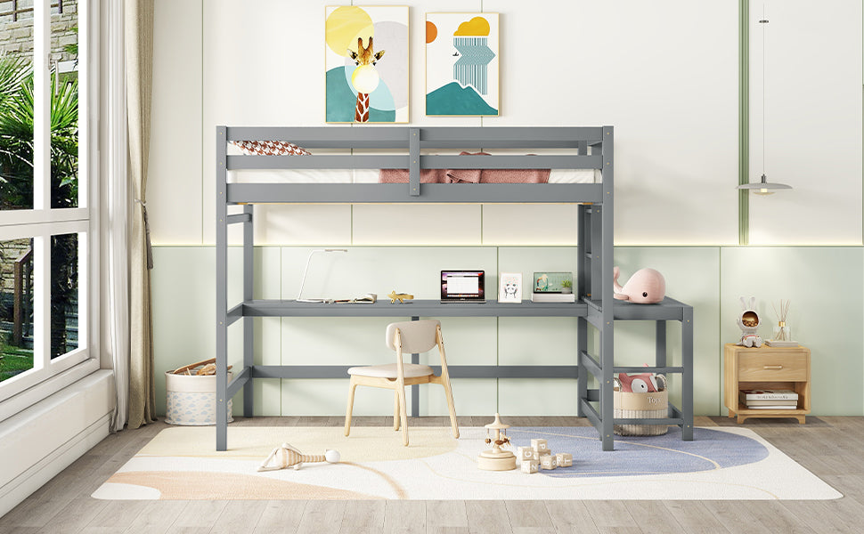 Full Size High Loft Bed with Built-in Desk, Ladder Platform, Ladders, Guardrails ,Grey