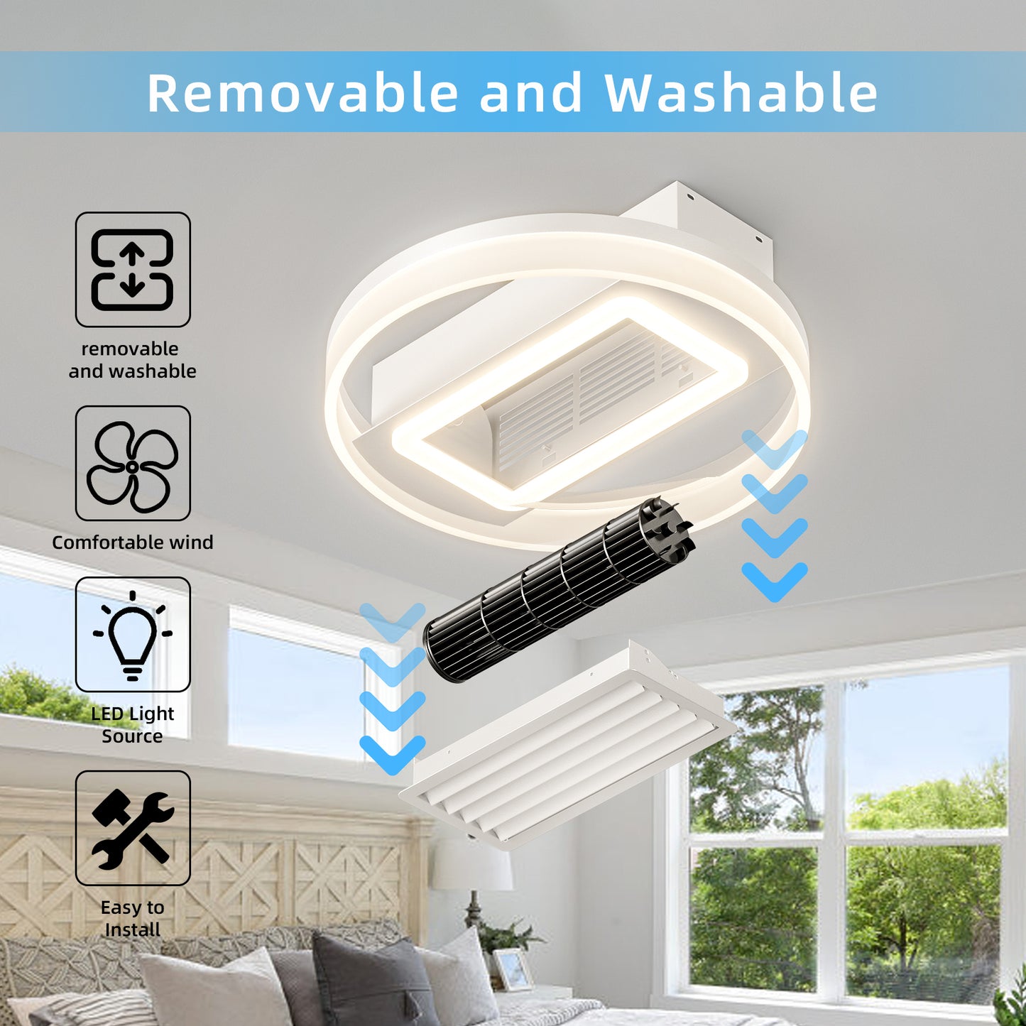 20inch Modern Leafless Ceiling Fan with Remote Control Removable and Washable, Reversible Motor