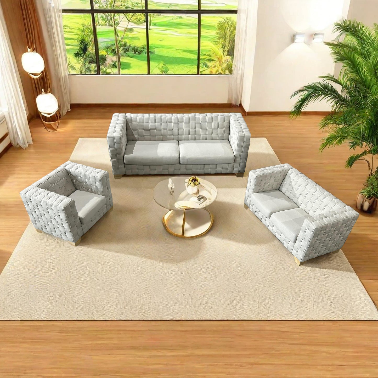 FX-D1 SOFA SET Include Chair Loveseat And Sofa Light Beige ColorLinen & Oak Natural Wood color sofa legs